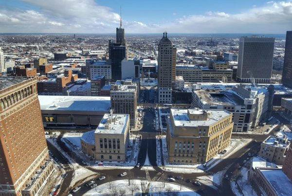 Drone shot of downtown Buffalo, NY in the winter snow